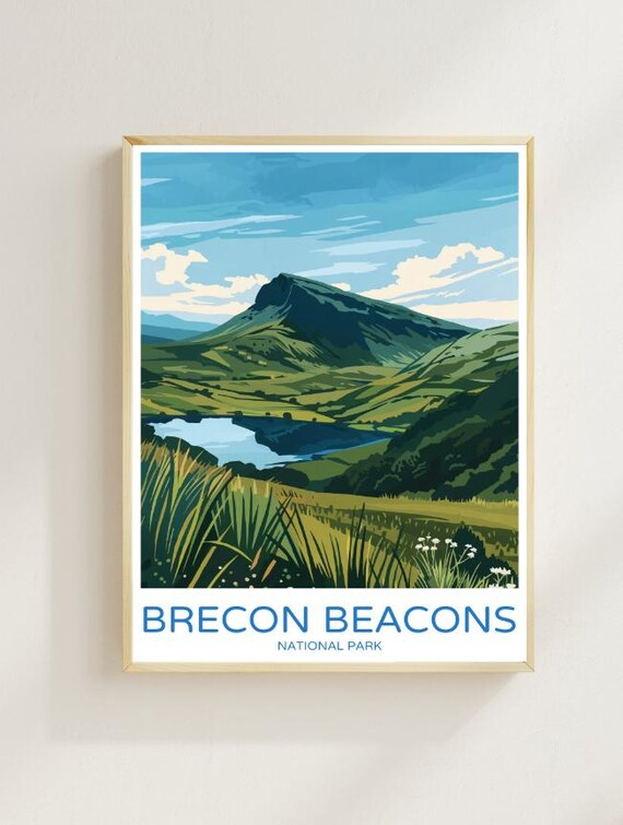 Brecon Beacons National Park Wales Green Valley Lake Scenic Travel Poster