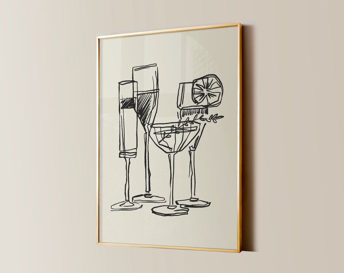 Cocktail Glasses Minimalist Line Art Cheers Bar Sketch Poster