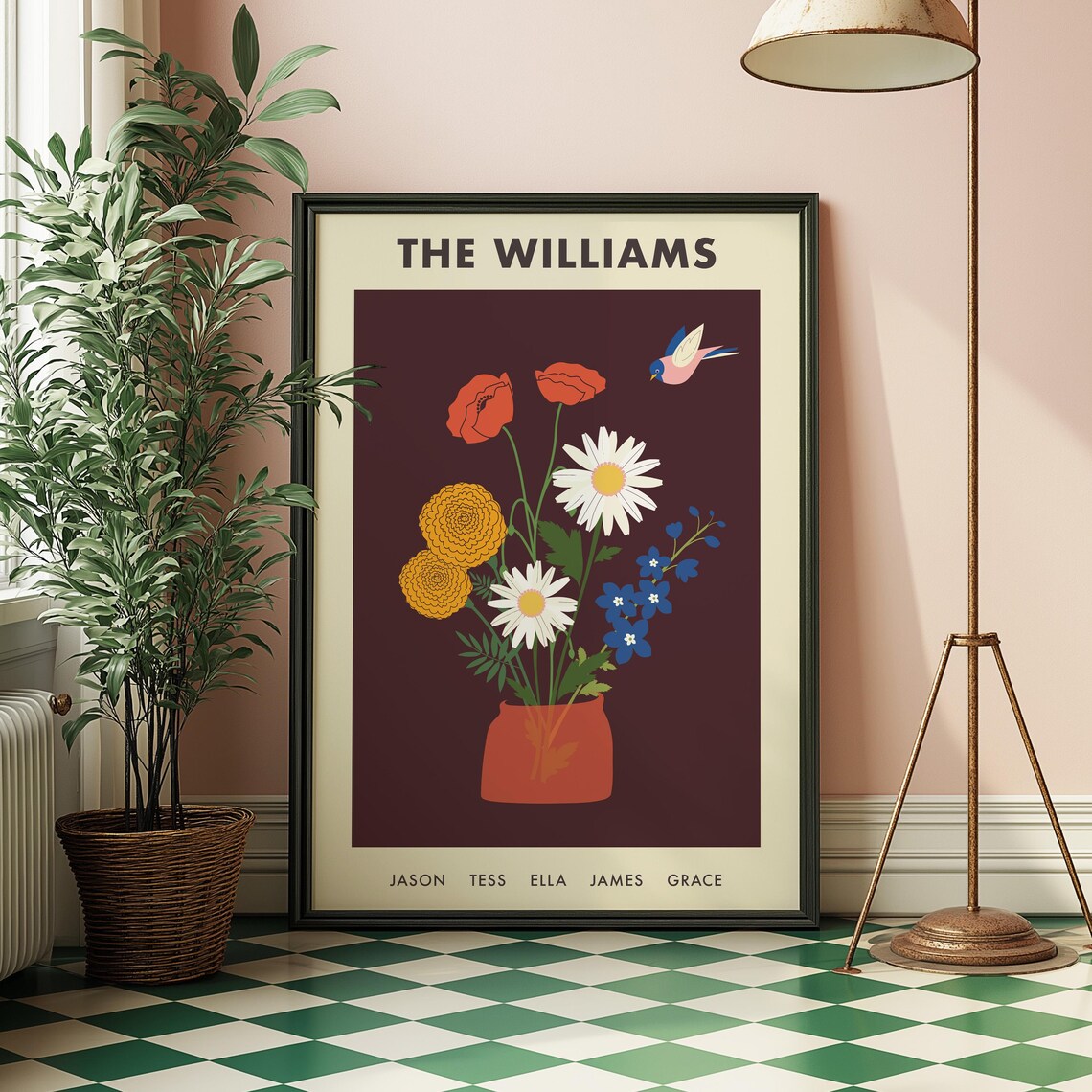 Personalized Birth Month Flower Bouquet with Bird Family Art Print
