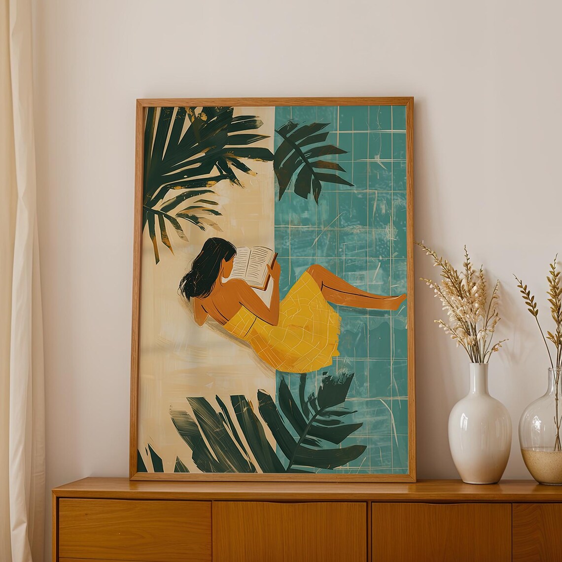 Woman In Yellow Dress Reading By Pool Tropical Palm Leaves Relaxed Summer Art Poster - Image 6