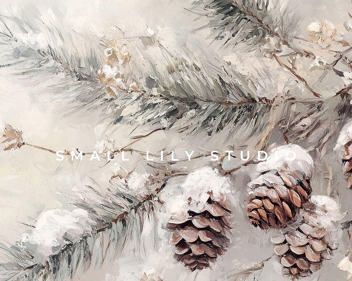 Snowy Pine Branch With Pinecones Soft White Neutral Winter Forest Print - Image 4