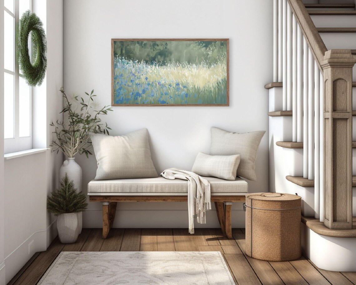 Blue Wildflower Field Golden Meadow Textured Vintage Style Poster - Image 2
