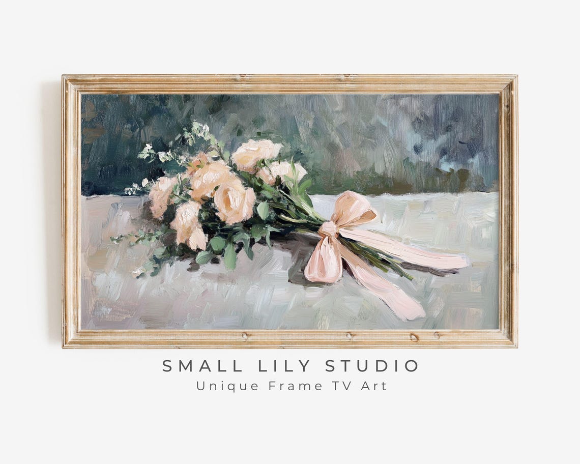 Frame Tv Art Pink Flowers With Bow Spring Frame Tv Art Farmhouse Floral Art Vintage Style Painting Peach Coral Pink Tv648