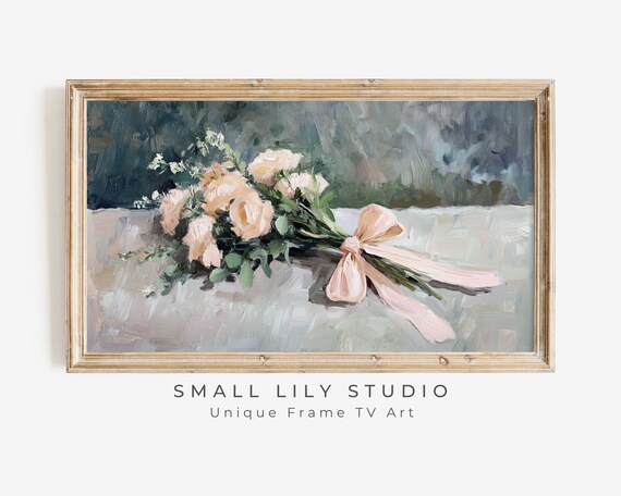Peach Pink Roses Bouquet With Silk Bow Vintage Floral Still Life Poster
