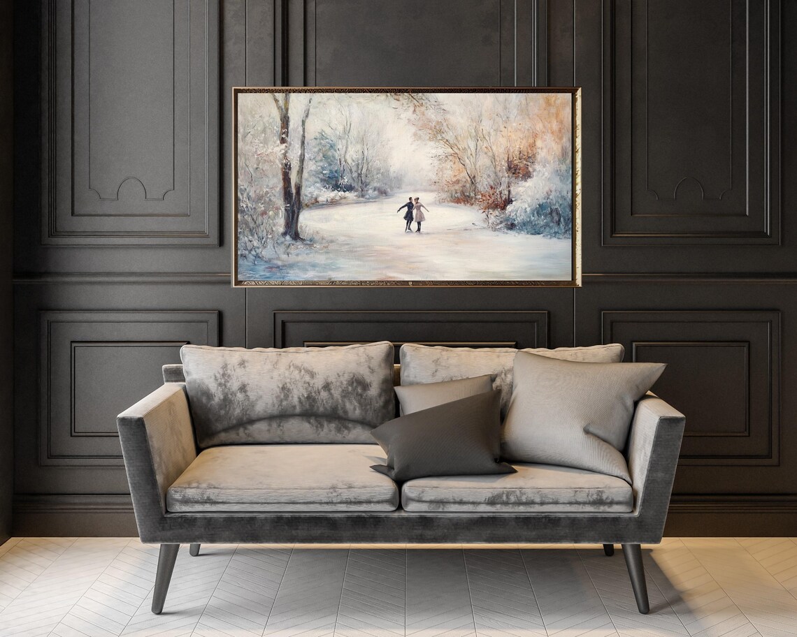 Vintage Ice Skaters Frozen Pond Winter Retro Romance Landscape Painting Poster - Image 2