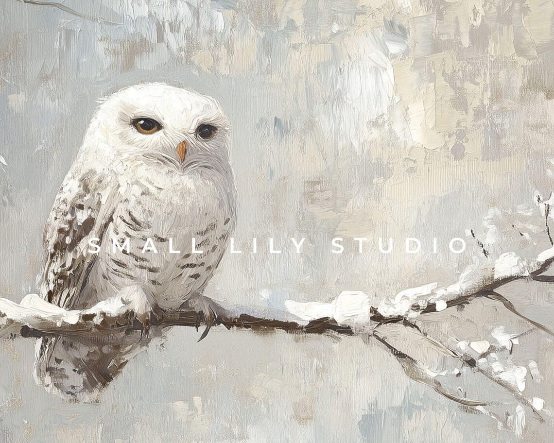 White Snowy Owl on Frosty Branch in Winter Neutral Vintage Style Poster - Image 4