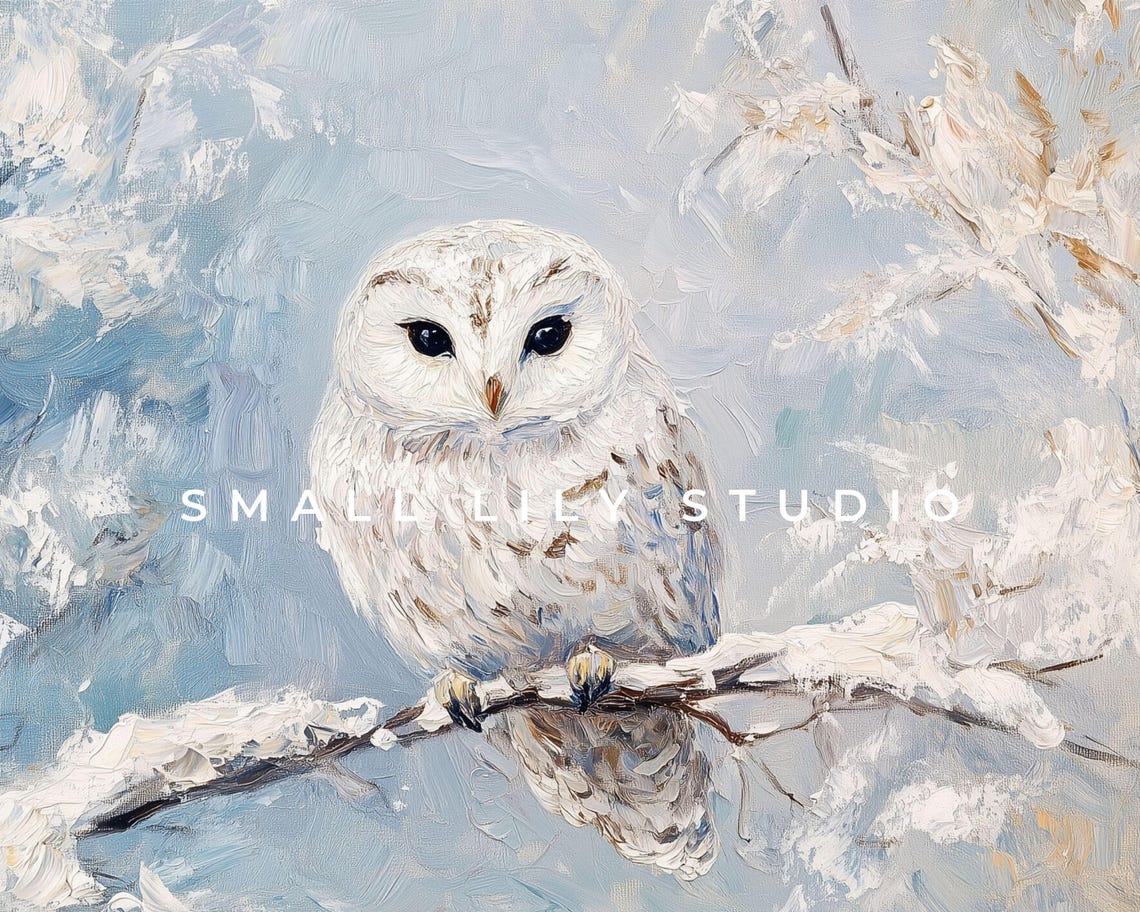 Frame Tv Art Cute Snowy Owl In Winter Landscape Pale Blue White Winter Tv Art Vintage Style Bird Painting Frame Tv Art Tv558 - Image 4