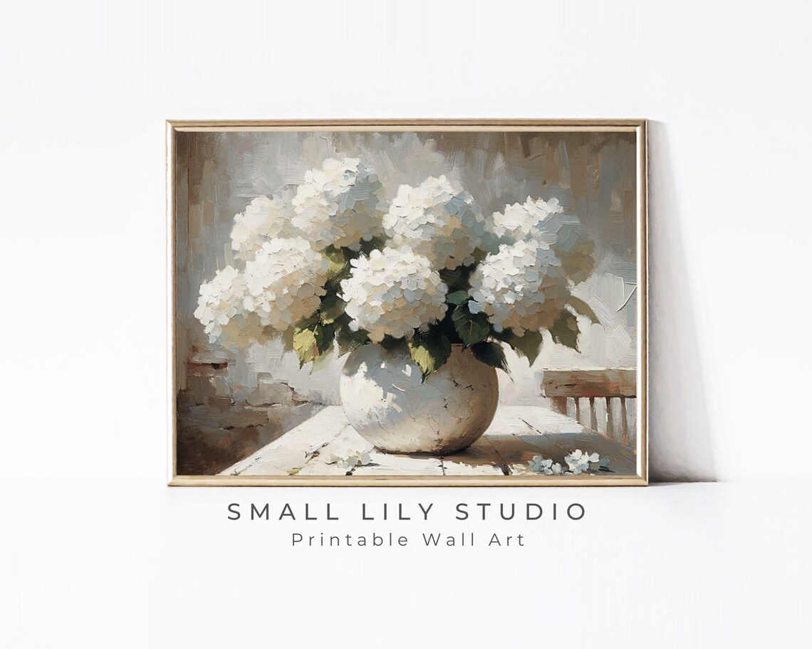 White Hydrangeas In Ceramic Vase Neutral Farmhouse Floral Still Life Poster