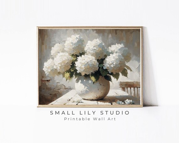 White Hydrangeas In Ceramic Vase Neutral Farmhouse Floral Still Life Poster