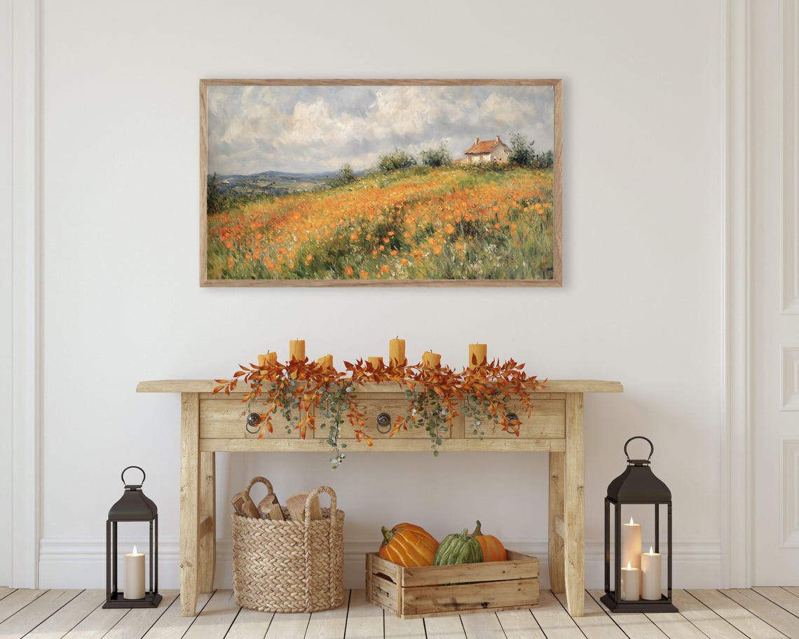 Orange Poppy Field On Hill With Distant Farmhouse Vintage Poster - Image 3