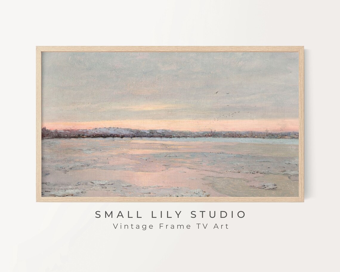 Frozen Lake Winter Dusk Pink Twilight Vintage Landscape Painting Poster - Image 2