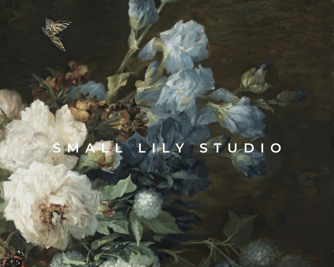 Moody Blue Floral Still Life White Peonies Butterflies Vintage Painting Poster - Image 4