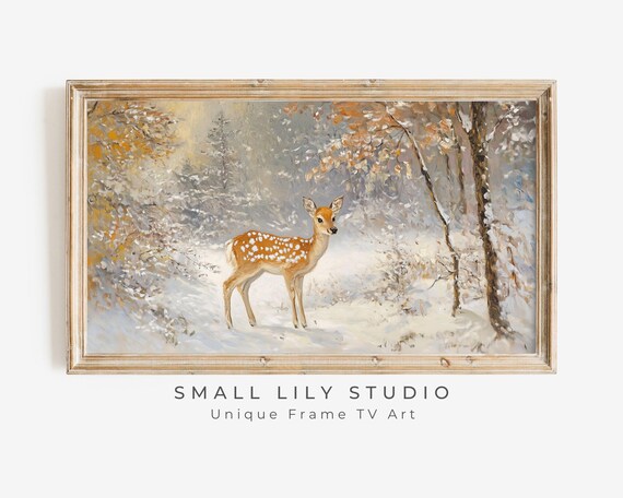 Baby Deer Fawn Snowy Forest Autumn Winter Vintage Animal Painting Art Poster