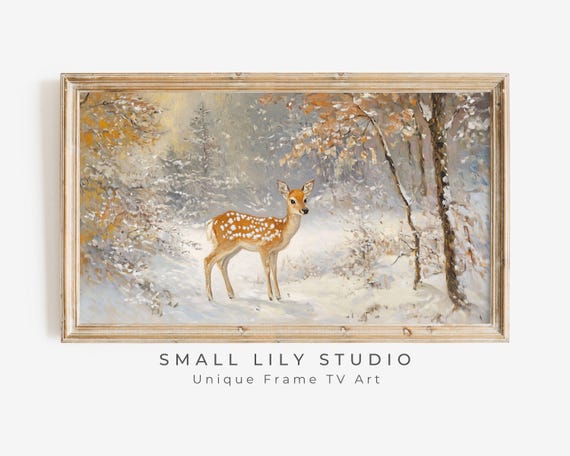 Frame Tv Art Baby Deer In Winter Landscape Neutral Frame Tv Art Vintage Painting Style Cute Animal Tv Screensaver For Kids Tv561