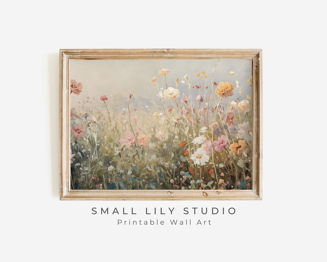 Wildflowers Wall Art Pink Beige Vintage Style Painting Floral Landscape Print Pretty Nursery Kids Room Girl Print Flowers P083 - Image 3