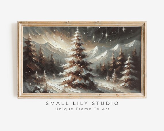 Moody Night Pine Tree Snowy Mountains Abstract Textured Frame TV Art Poster