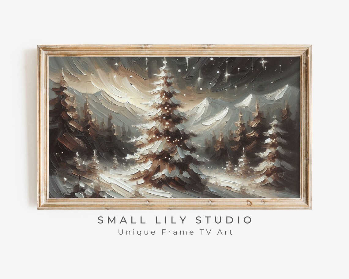 Moody Night Pine Tree Snowy Mountains Abstract Textured Frame TV Art Poster