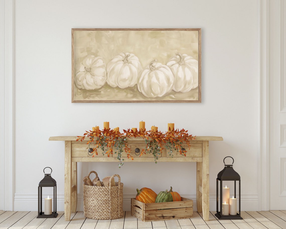 White Pumpkins On Neutral Beige Minimalist Fall Painting Poster - Image 3