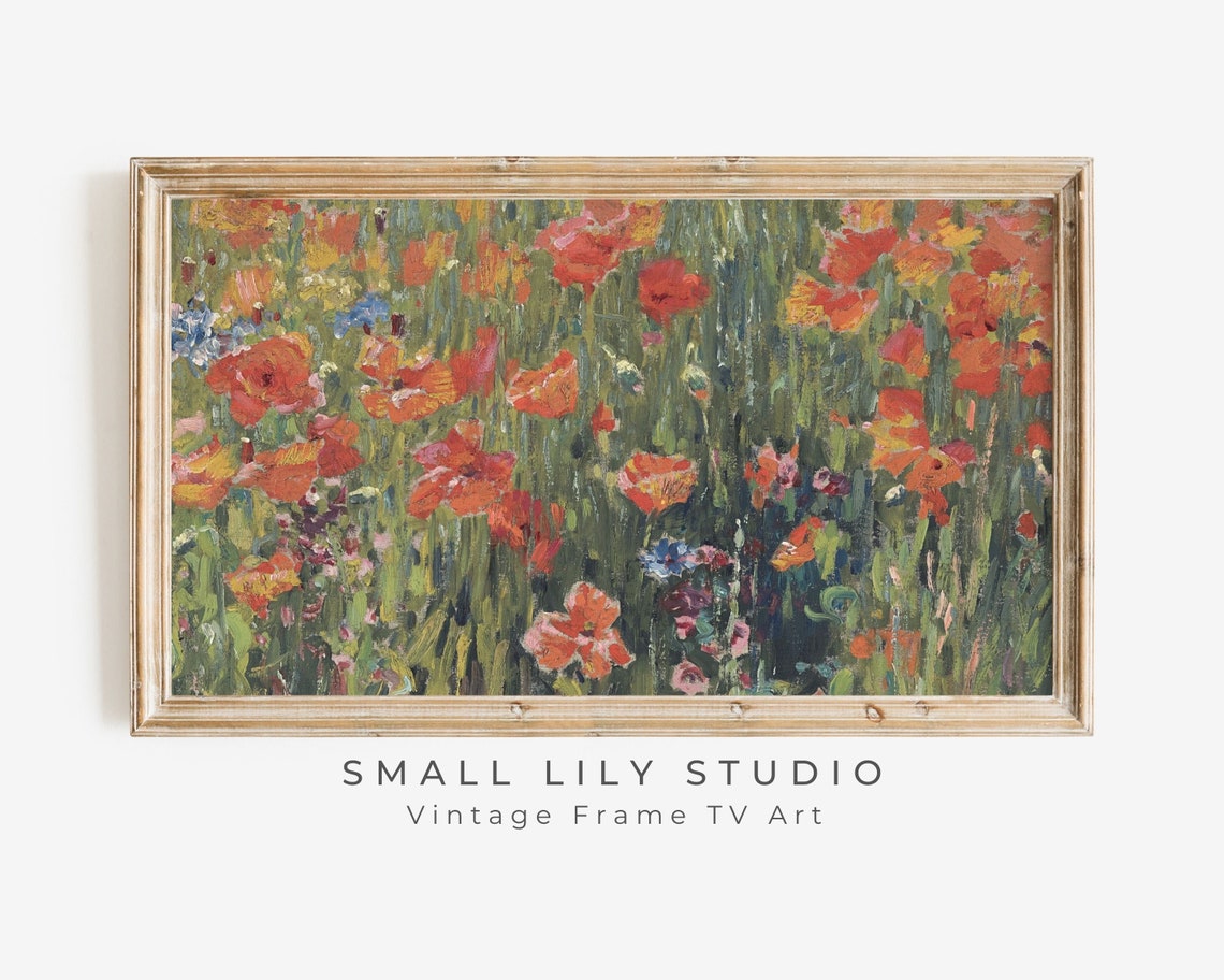Frame Tv Art Red Poppies Vintage Floral Painting Red And Green Frame Tv Art Red Flower Garden Spring Floral Landscape Tv137