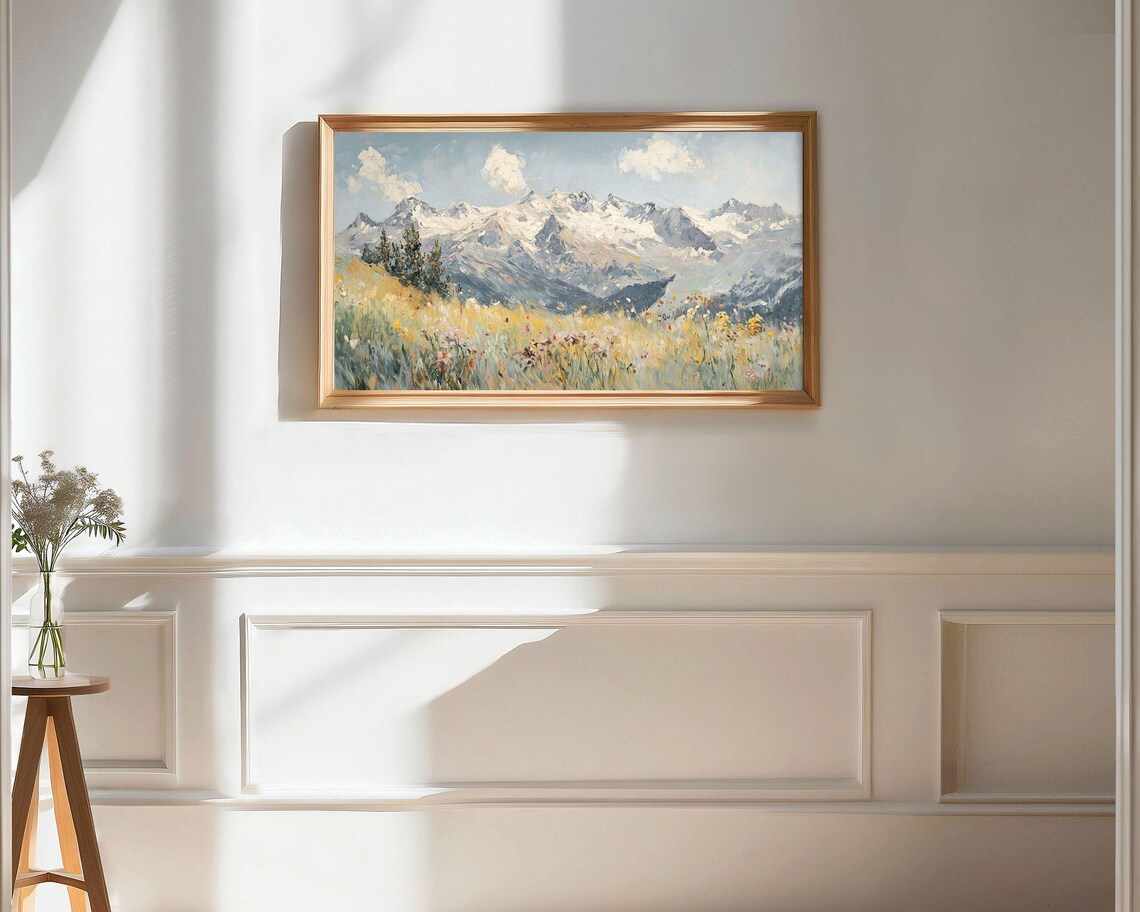 Golden Wildflowers Alpine Meadow Snowy Mountain Range Landscape Painting Poster - Image 2