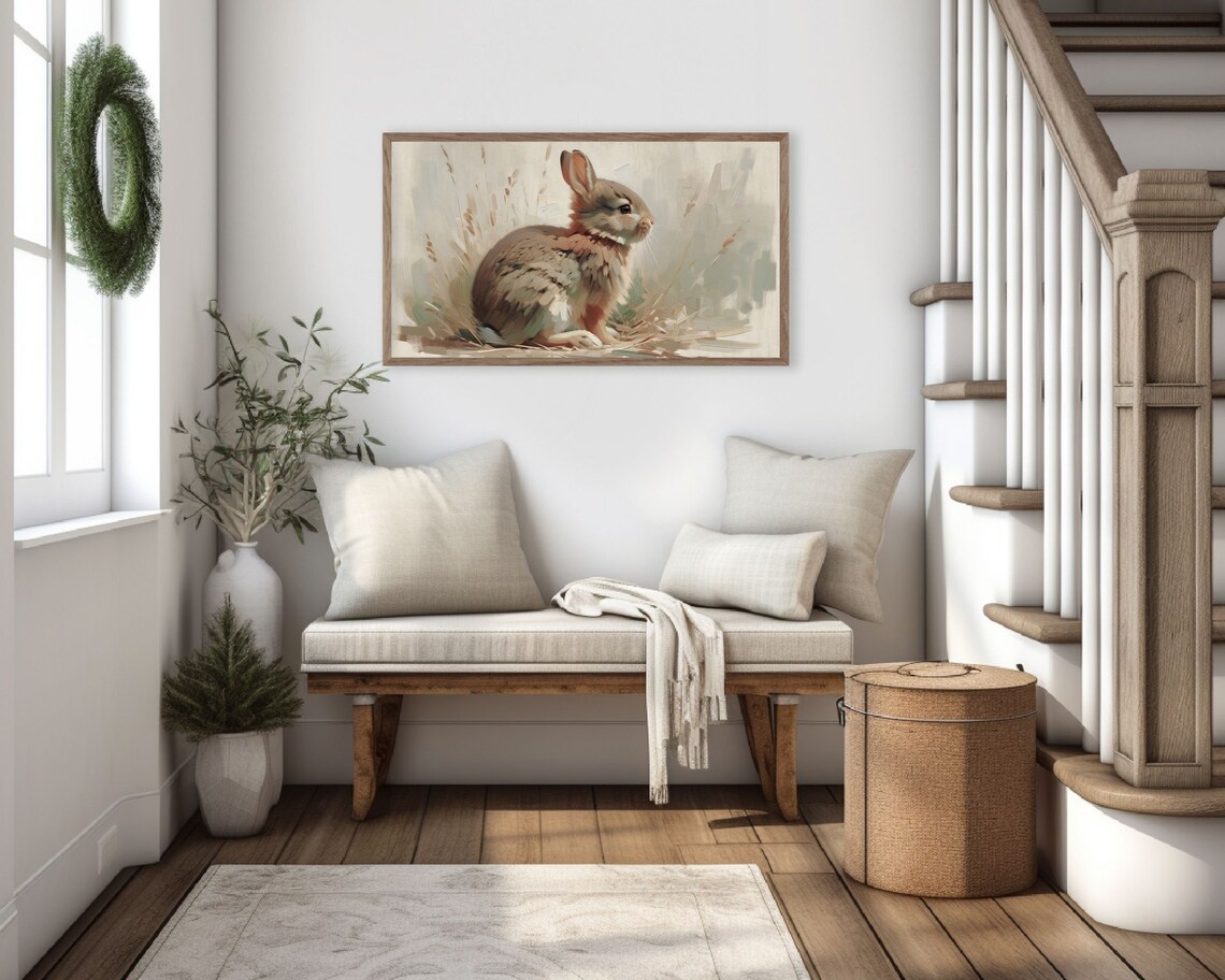 Brown Baby Bunny Rabbit Portrait Neutral Vintage Farmhouse Wall Art - Image 3