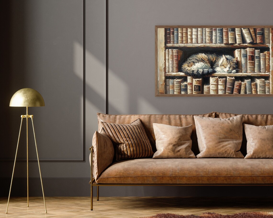 Bookish Cat Sleeping With Books, Vintage Art Print - Image 2