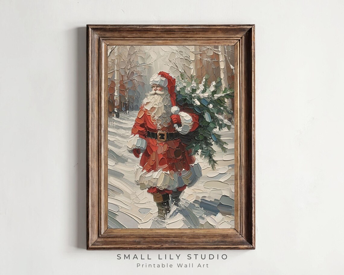 Santa Claus Carrying Christmas Tree in Snow Textured Impasto Poster - Image 2