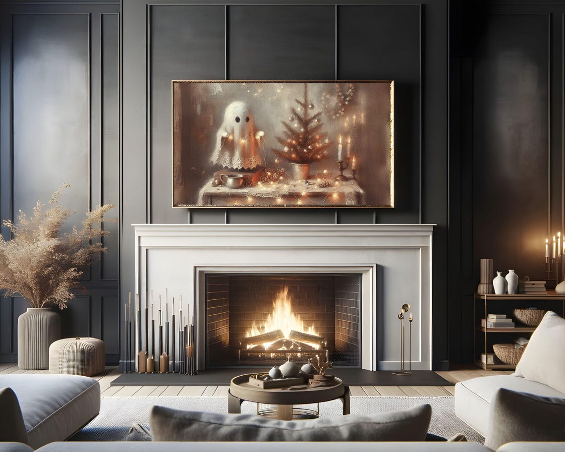 Cute Ghost Christmas Lights Tree Cozy Farmhouse Spooky Xmas Art Poster - Image 3