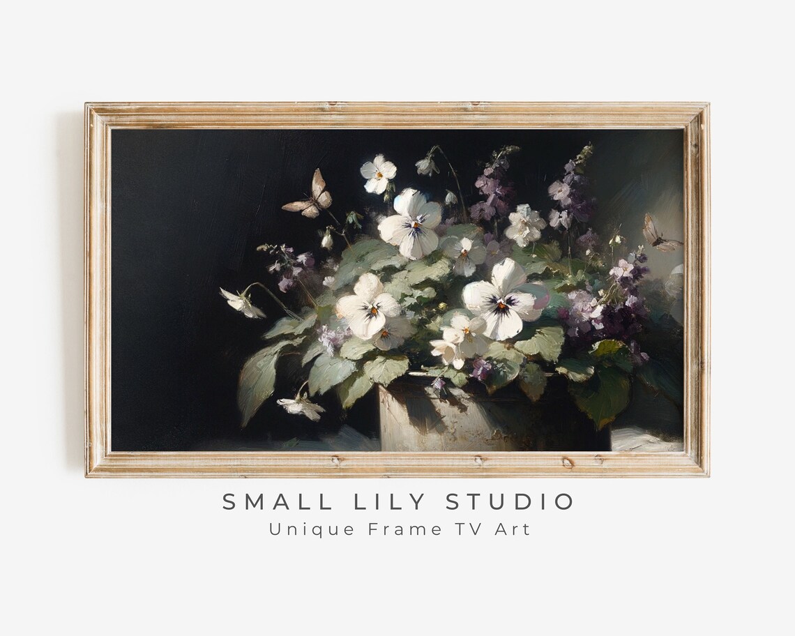 White Pansies and Violets Moody Dark Floral Vintage Painting Poster