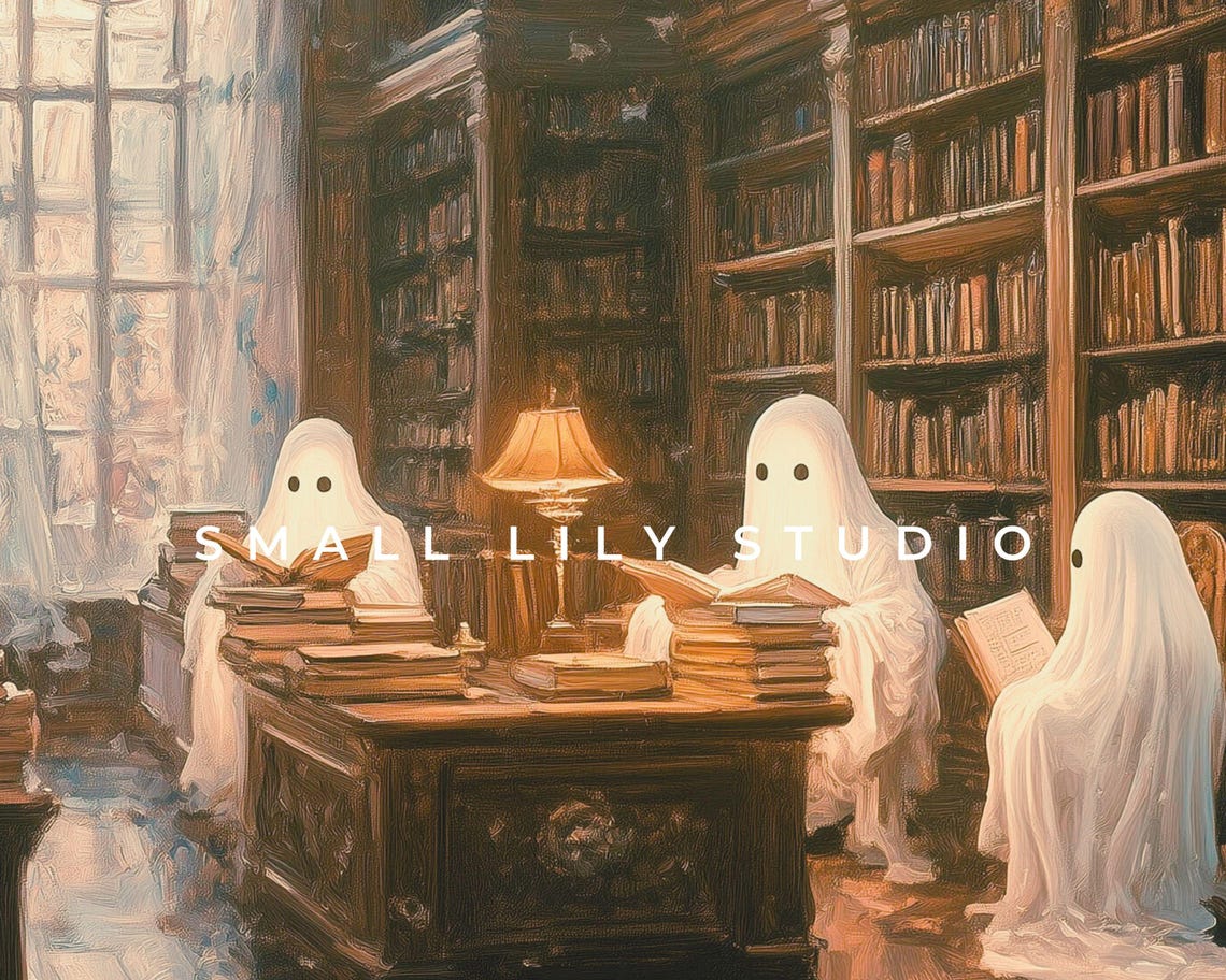 Halloween Ghosts Reading In Library Vintage Style Halloween Wall Art Moody Halloween Print Cute Spooky For Book Lovers P088 - Image 4