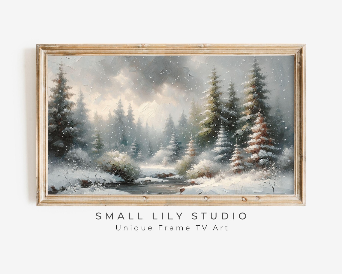 Moody Snow Falling Forest Stream Winter Pine Landscape Vintage Painting Poster