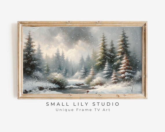 Frame Tv Snow Falling In Forest Frame Tv Winter Landscape Art Moody Neutral Vintage Style Painting Pine Trees Muted Green Tv468