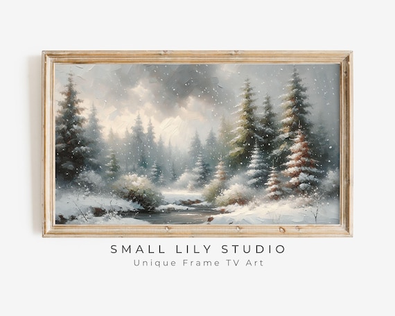 Moody Snow Falling Forest Stream Winter Pine Landscape Vintage Painting Poster