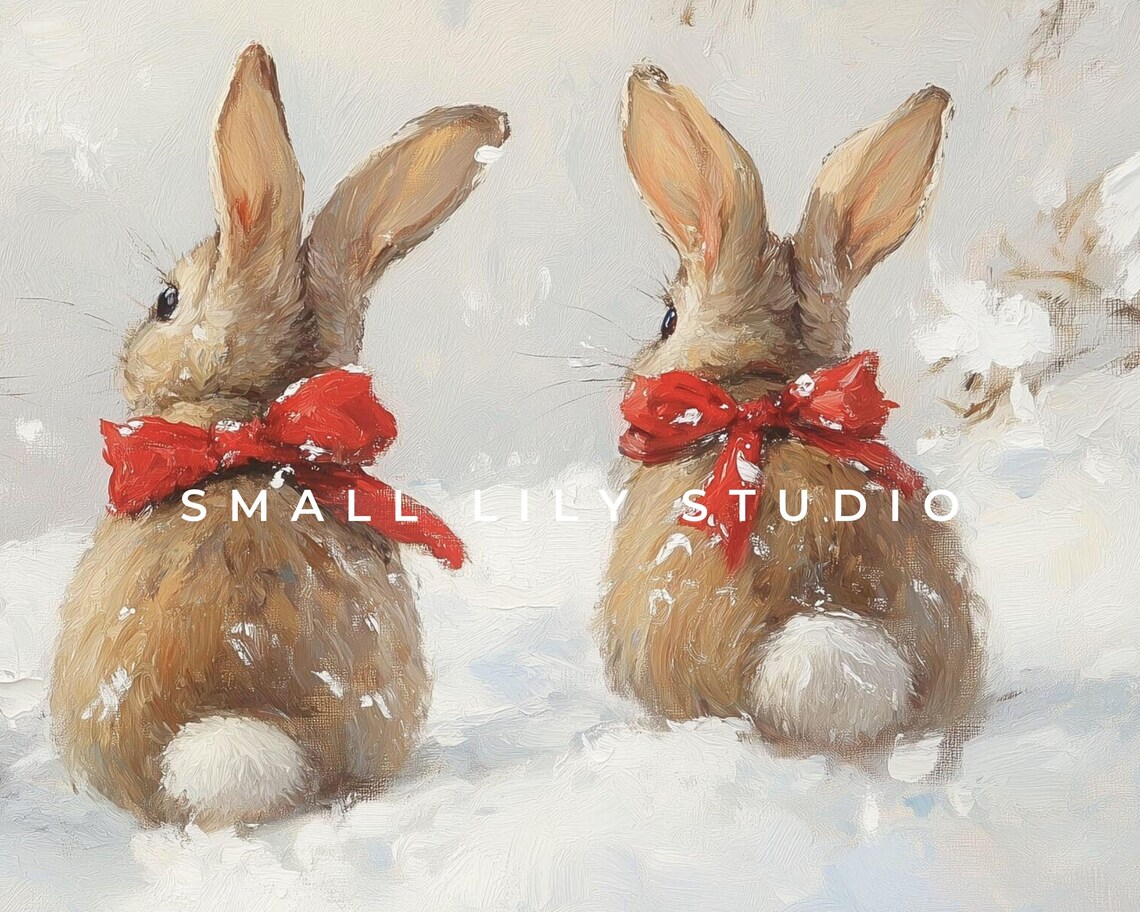 Bunnies With Red Bows In Snow, Winter Animal Art Print - Image 4