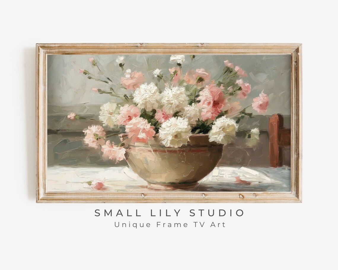 Pink and White Carnations Bowl Vintage Floral Still Life Art Poster