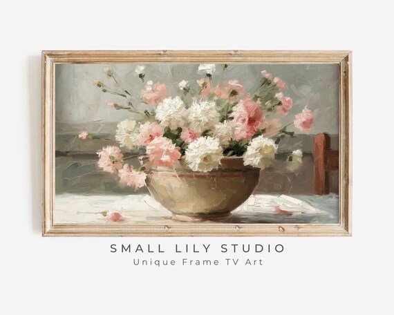 Pink and White Carnations Bowl Vintage Floral Still Life Art Poster