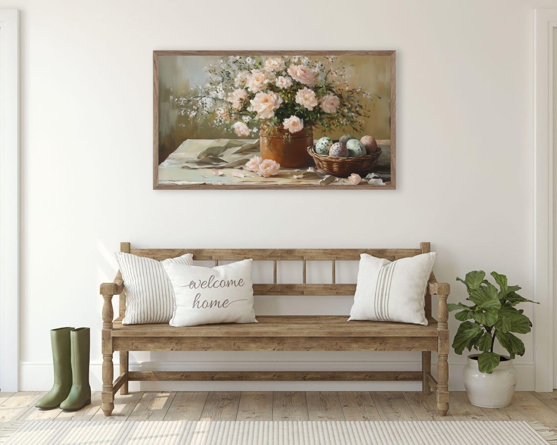Easter Eggs Basket And Pink Roses Vintage Spring Still Life Poster - Image 2