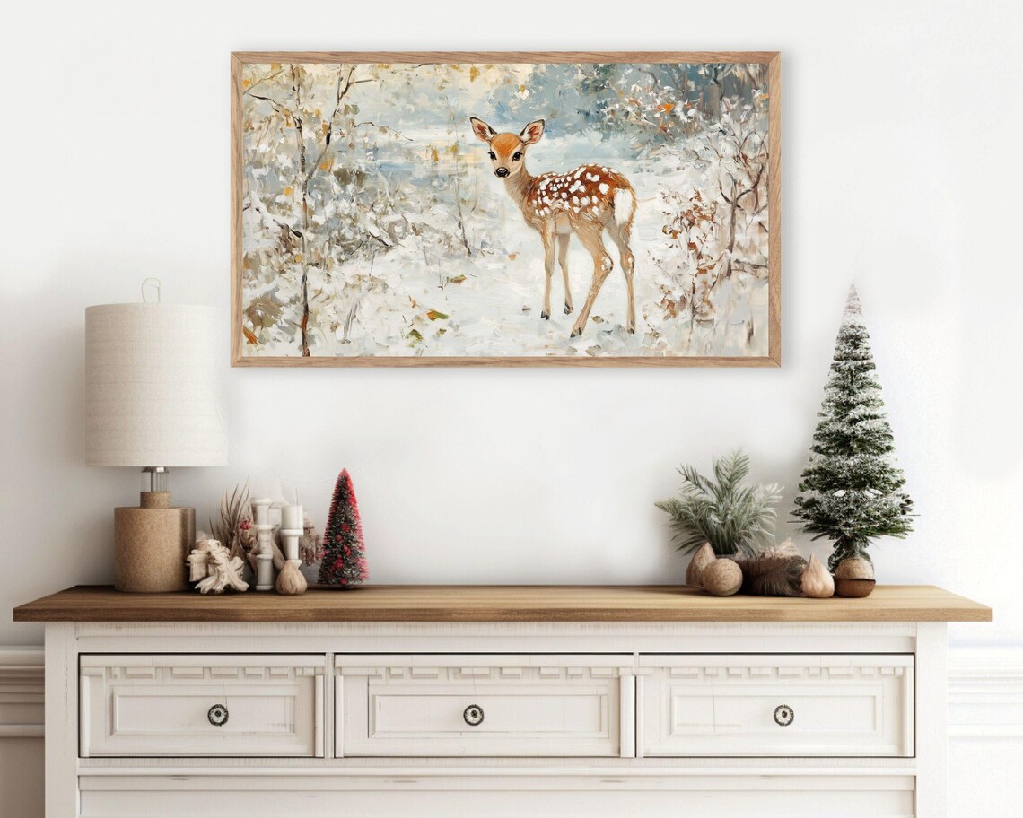 Baby Deer In Snow, Neutral Winter Art Print - Image 3