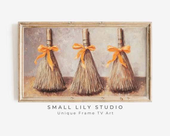 Halloween Frame Tv Art Broomsticks With Bows Frame Tv Spooky Cute Vintage Style Painting Rustic Fall Colors Brown Orange Tv424