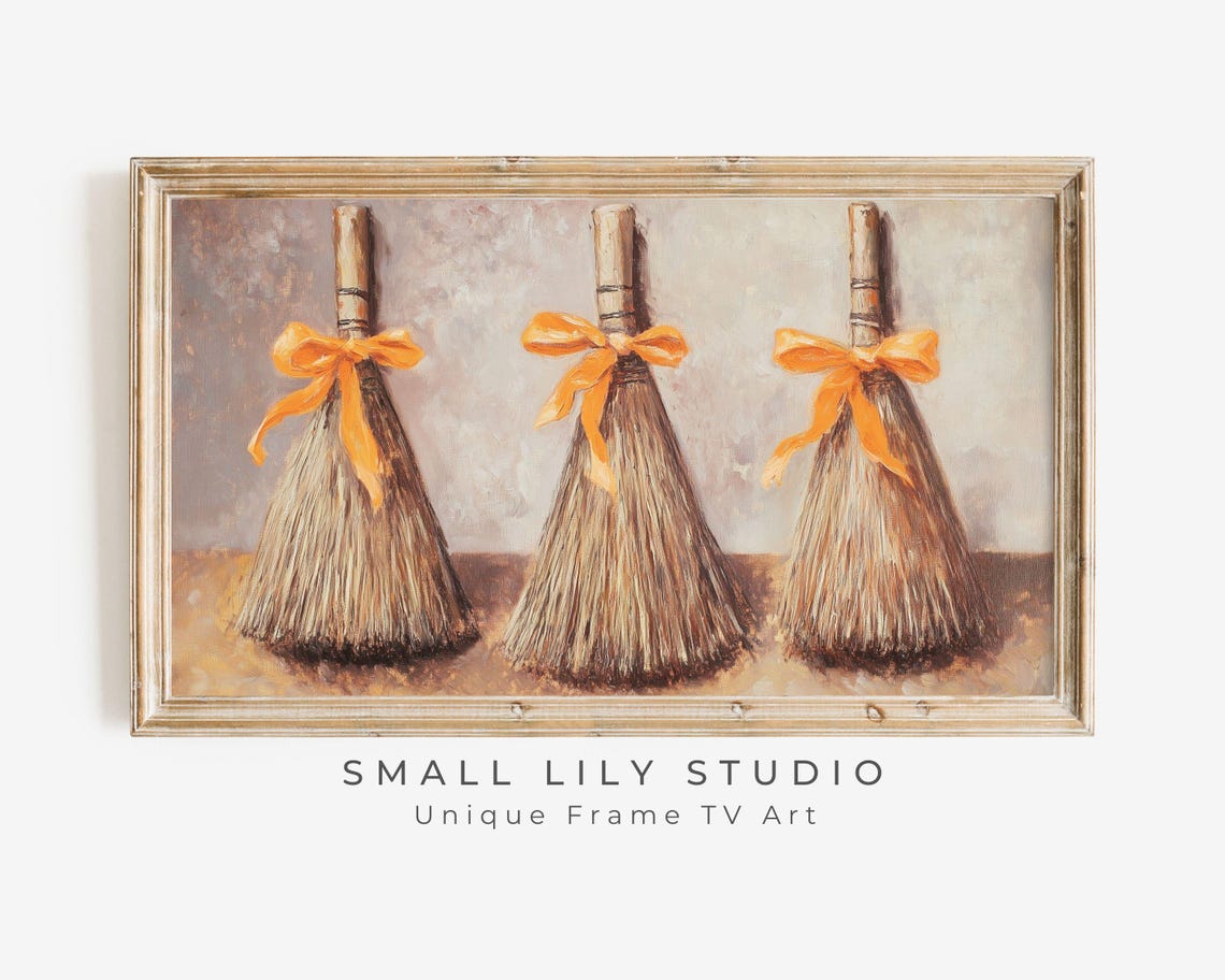 Witch Brooms Orange Bows Rustic Fall Halloween Painting Poster