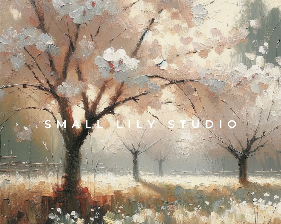 Cherry Blossom Trees Spring Meadow Vintage Textured Painting Poster - Image 4