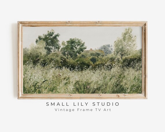 Muted Sage Green Meadow Grasses Trees Vintage Style Landscape Painting Poster