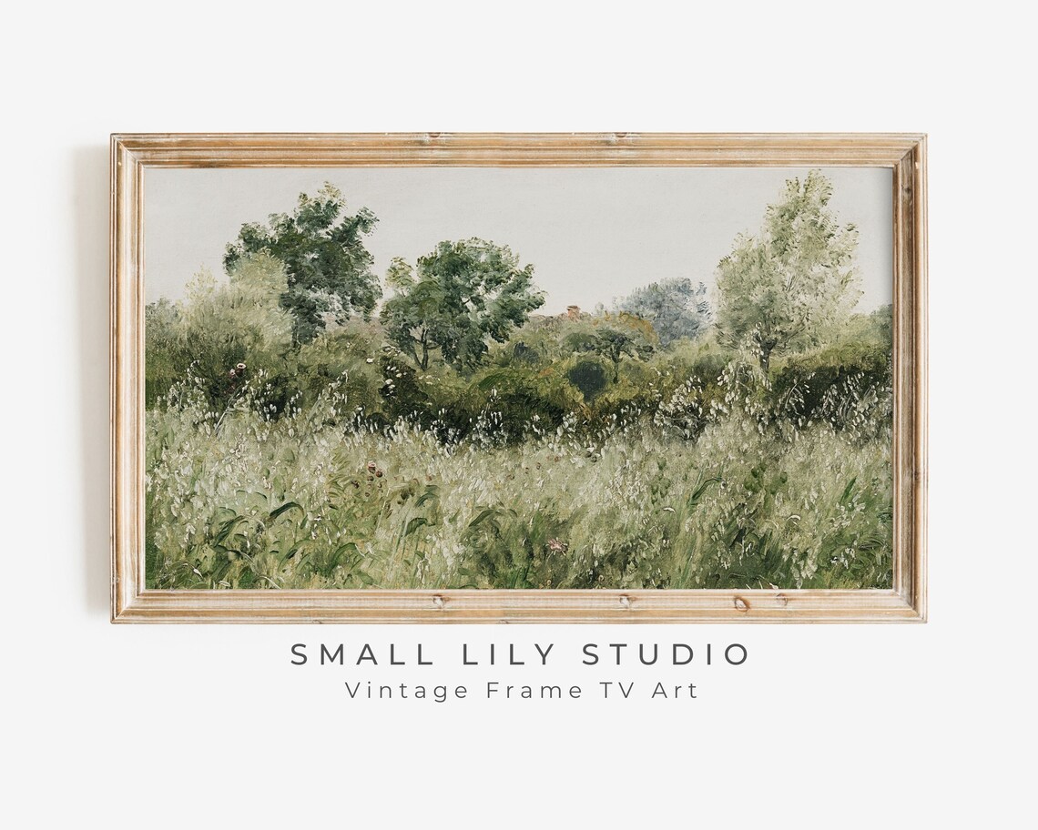 Muted Sage Green Meadow Grasses Trees Vintage Style Landscape Painting Poster