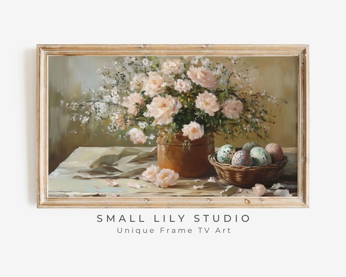 Easter Eggs Basket And Pink Roses Vintage Spring Still Life Poster