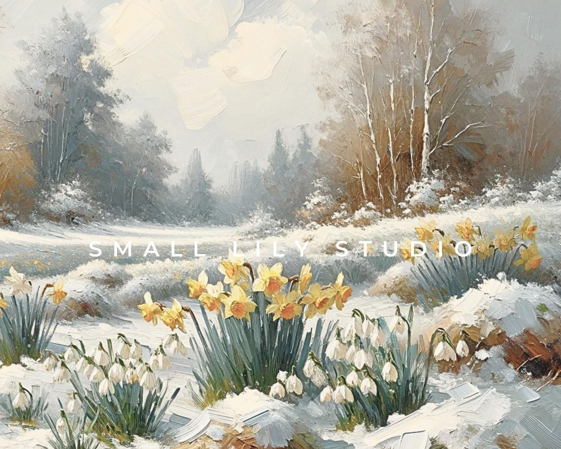 Winter Daffodils Blooming in Snow Vintage Floral Landscape Art Poster - Image 4