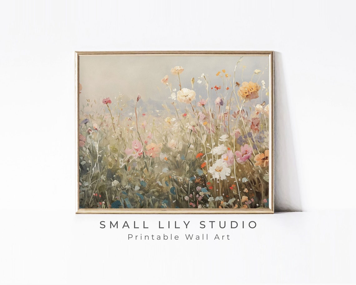 Wildflowers Wall Art Pink Beige Vintage Style Painting Floral Landscape Print Pretty Nursery Kids Room Girl Print Flowers P083