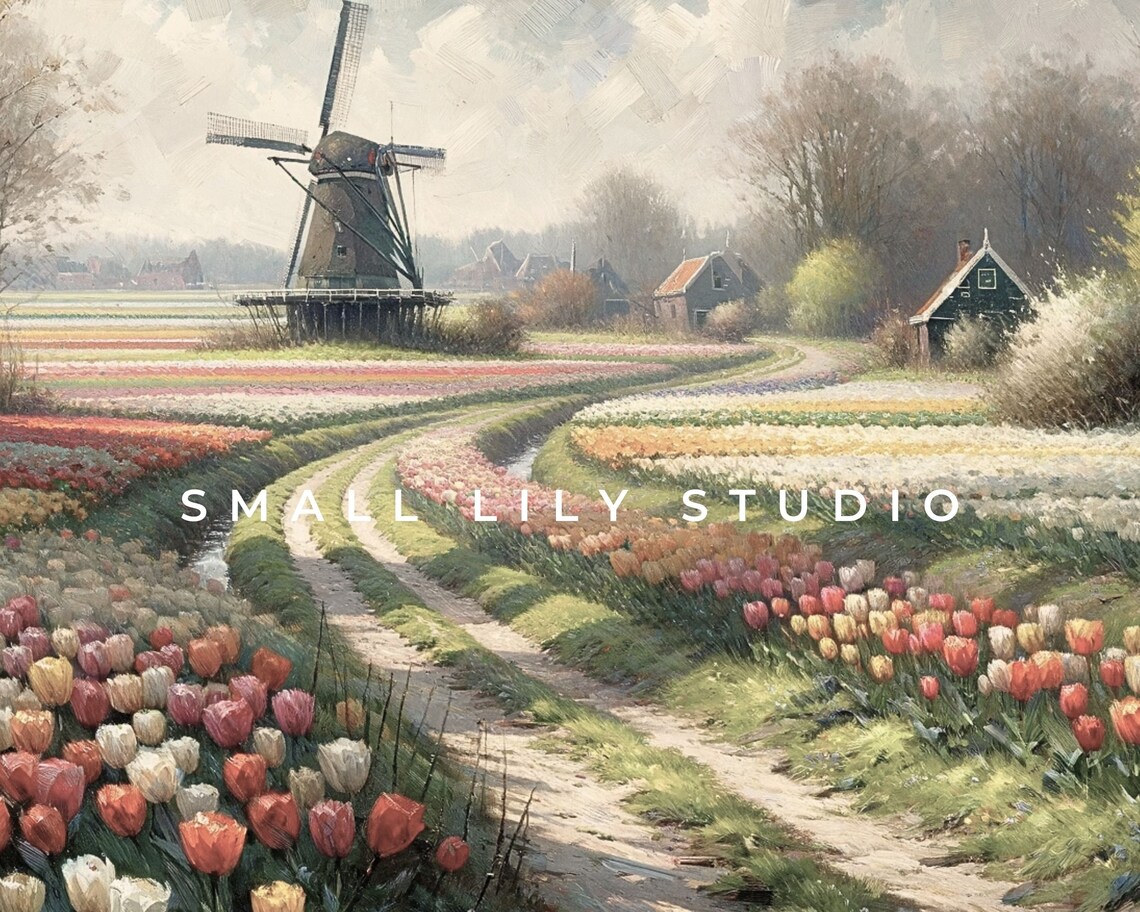 Dutch Windmill Winding Path Through Tulip Fields Spring Landscape Poster - Image 4