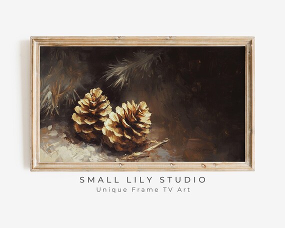Two Golden Pinecones in Dark Moody Forest Still Life Minimalist Poster