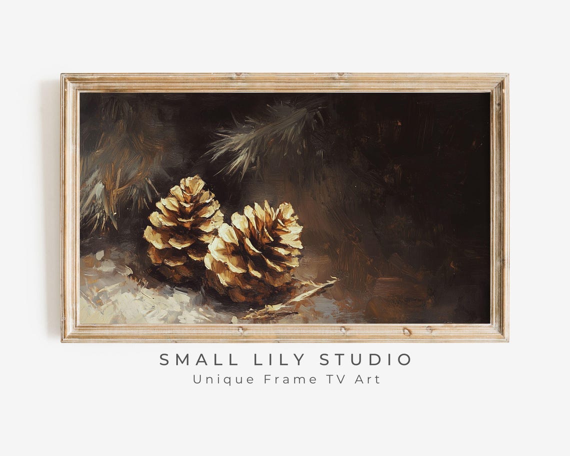 Two Golden Pinecones in Dark Moody Forest Still Life Minimalist Poster