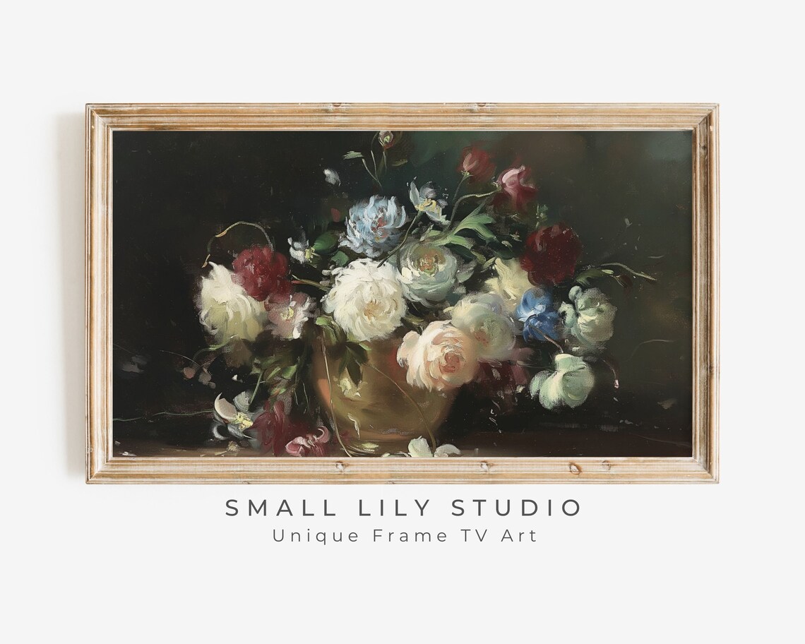 Moody Peonies and Roses Dark Floral Vintage Still Life Art Poster